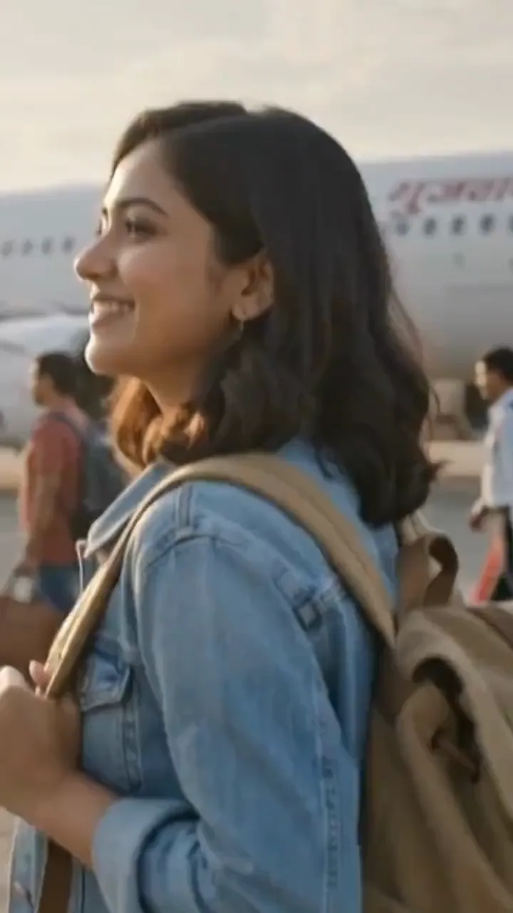 A young traveller with a backpack walking across the tarmac at Guwahati airport, a plane behind her