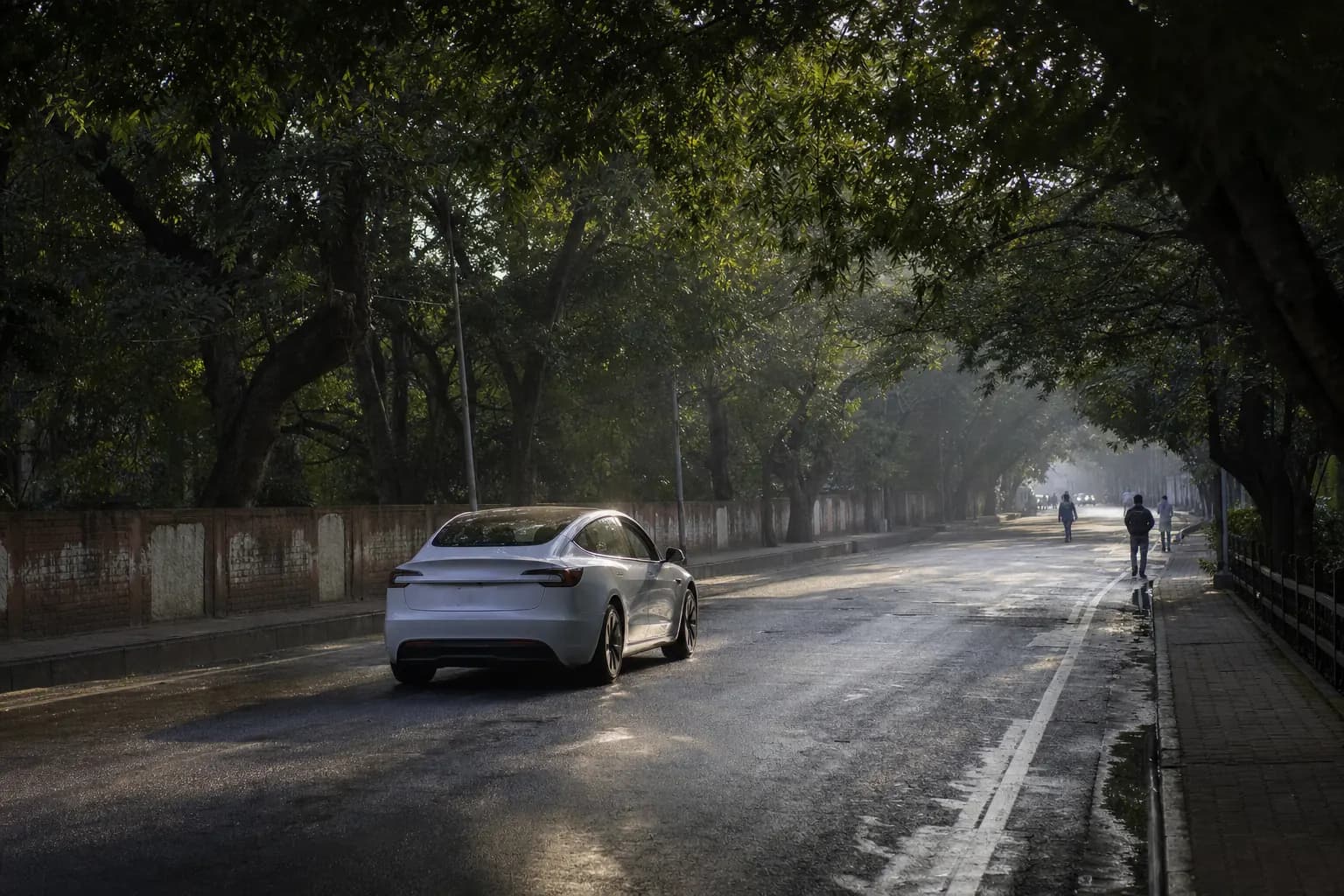 A white electric sedan on a leafy Guwahati avenue in the early morning