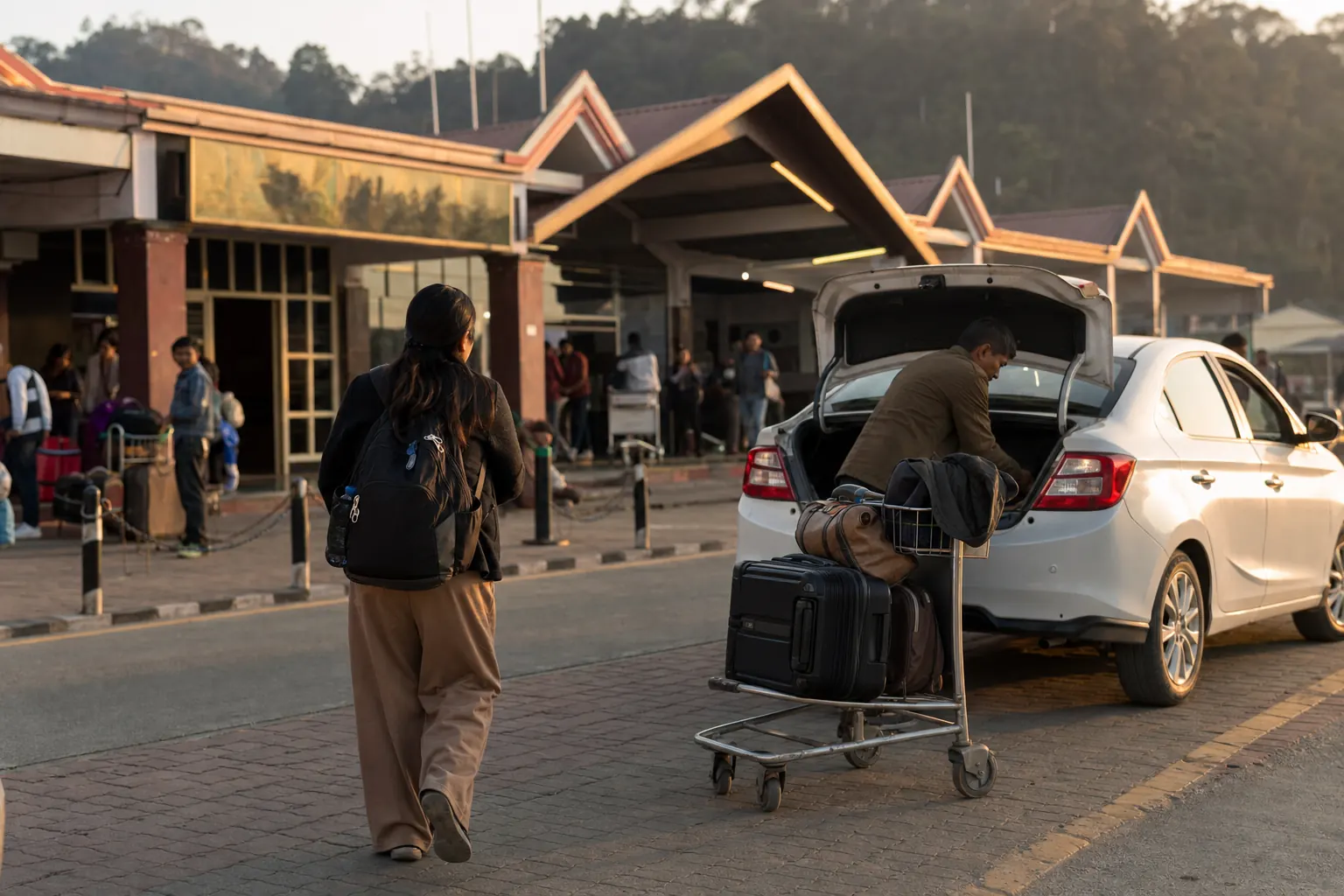 A cab waiting with its boot open at a railway station forecourt at golden hour