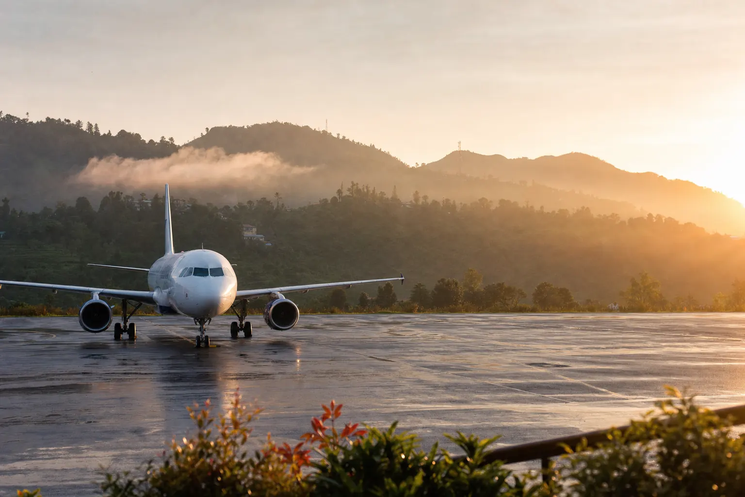 An aircraft on the tarmac of a hillside airport at sunrise