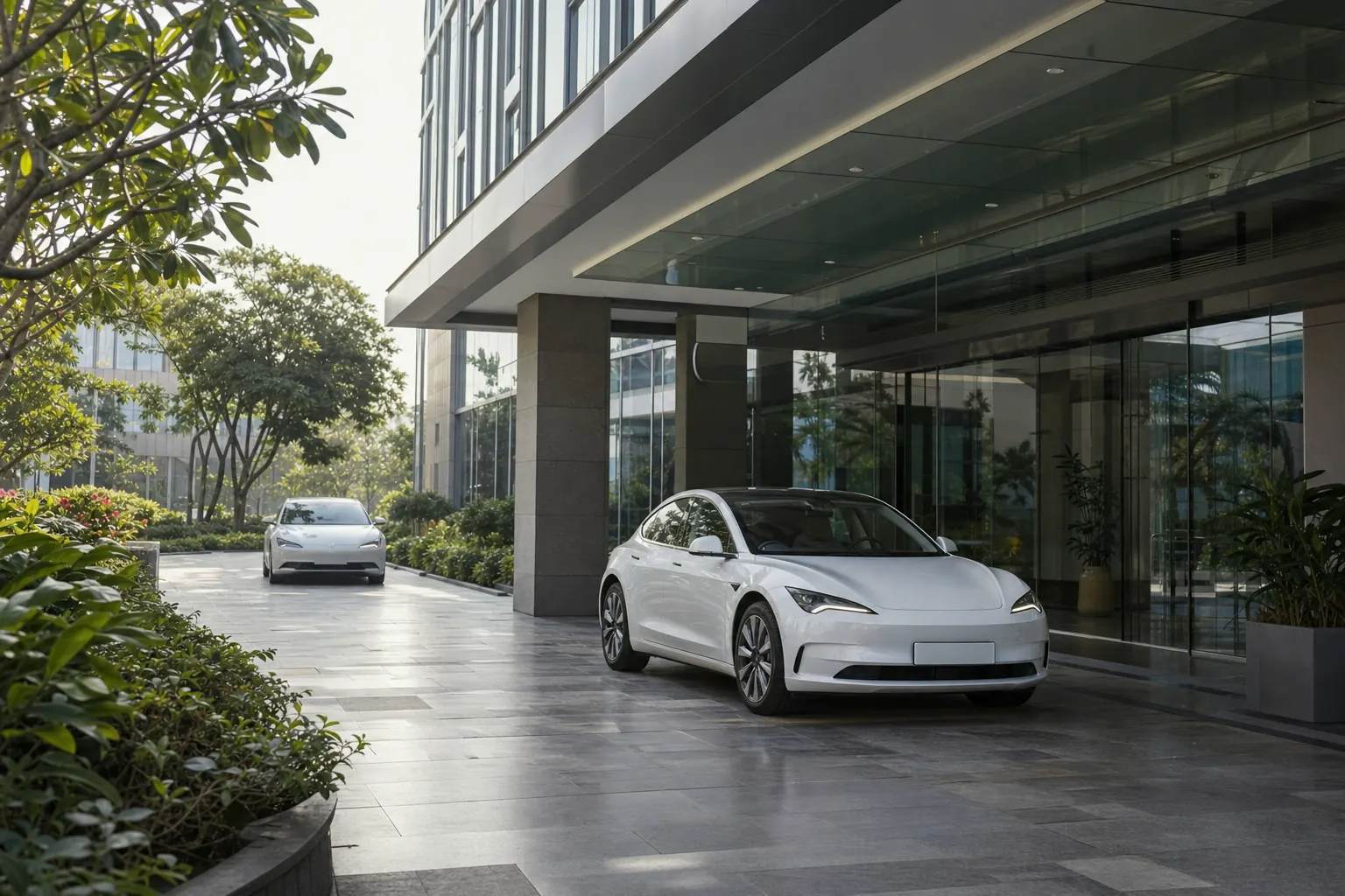 Electric sedans waiting at the glass porch of a modern office