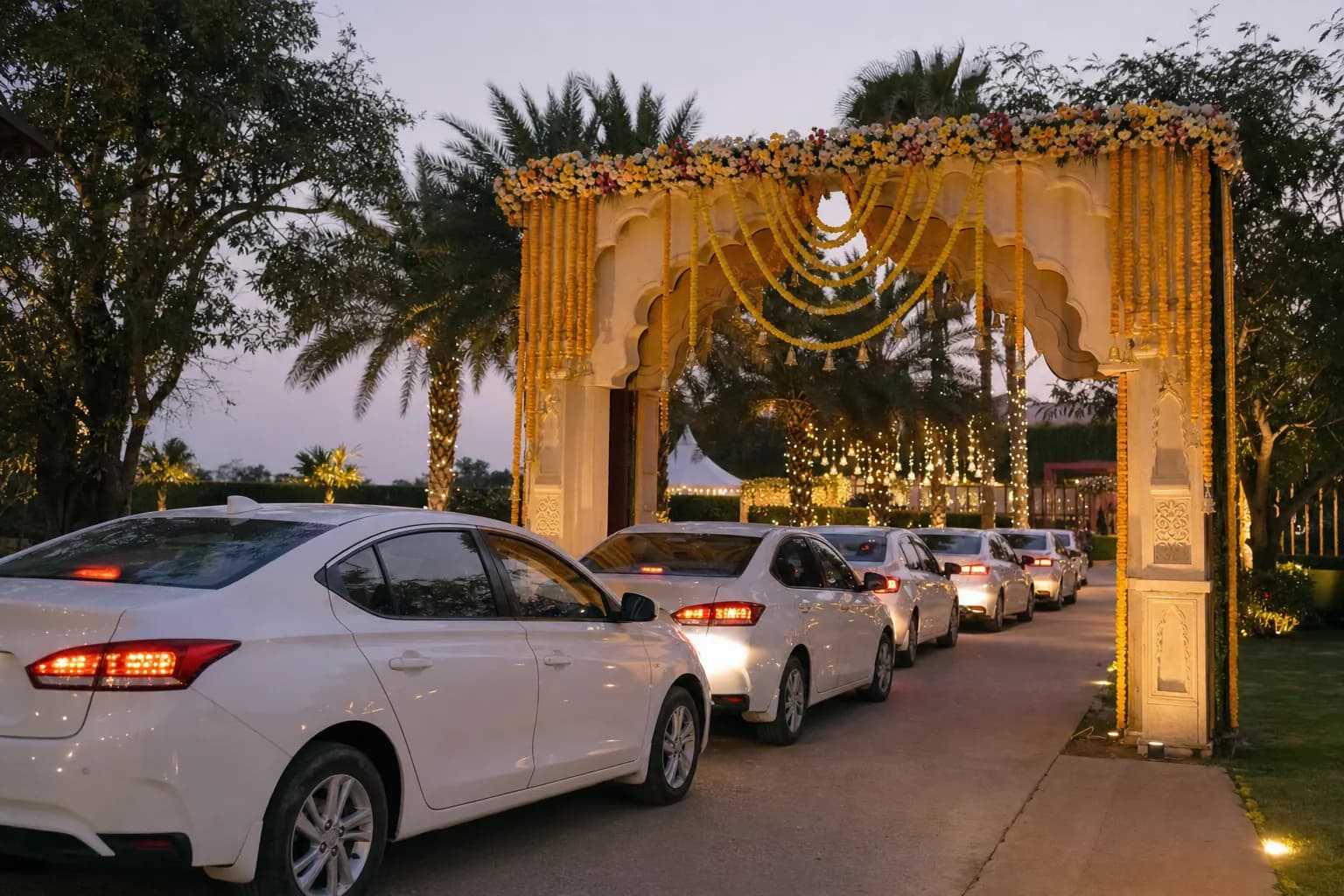 A line of white sedans arriving through a marigold-decorated wedding gate at dusk