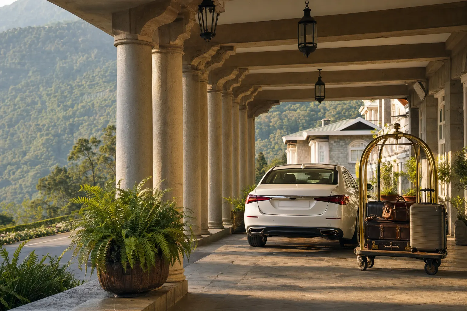 A white sedan and a brass luggage cart under the portico of a hillside heritage hotel