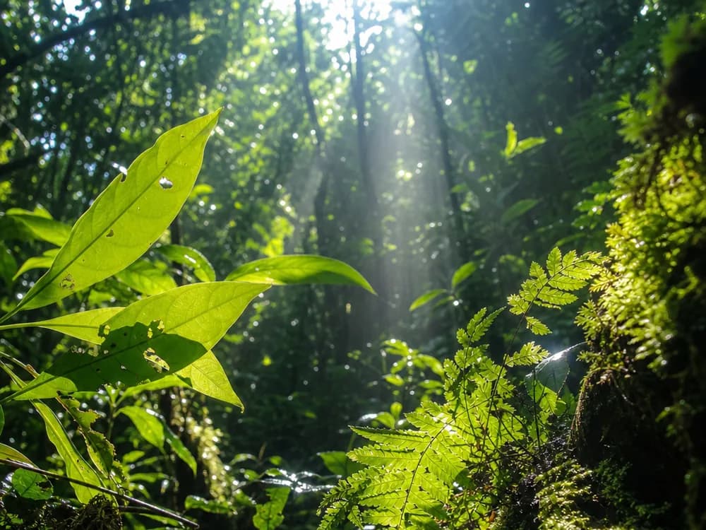 Sunlight streaming through the vivid green interior of a broadleaf forest with ferns and moss