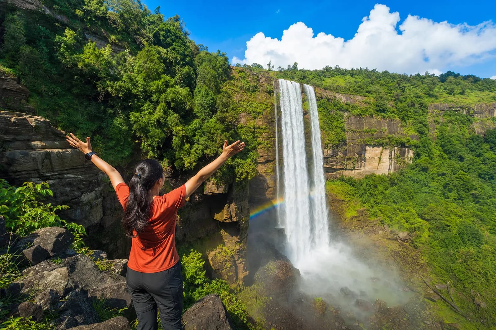 A waterfall plunging off the Cherrapunjee plateau into a green gorge