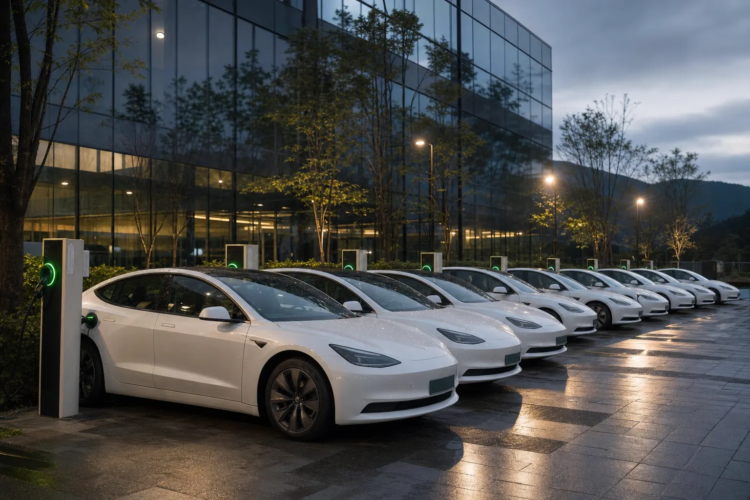 A row of white electric sedans charging at an office campus at dusk